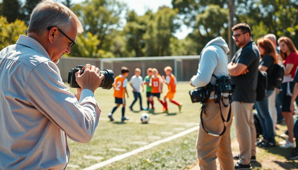 A dynamic scene capturing a youth sports environment where a photographer is actively working on the sidelines. In the foreground, a middle-aged photographer, dressed in a professional shirt and khakis, is adjusting his camera lens, focused intently on the action. In the middle ground, a group of young athletes in vibrant team uniforms are engaged in a soccer match, showcasing teamwork and energy. In the background, parents and coaches observe, some are discussing, and others are subtly reacting to an accident on the field, portraying real emotions of concern. The lighting is bright and natural, suggesting a sunny day, enhancing the intensity of the moment. The atmosphere conveys a mix of excitement and vigilance, embodying the importance of safety and communication in youth sports settings. No text overlays or distractions present. A dynamic scene capturing a youth sports environment where a photographer is actively working on the sidelines. In the foreground, a middle-aged photographer, dressed in a professional shirt and khakis, is adjusting his camera lens, focused intently on the action. In the middle ground, a group of young athletes in vibrant team uniforms are engaged in a soccer match, showcasing teamwork and energy. In the background, parents and coaches observe, some are discussing, and others are subtly reacting to an accident on the field, portraying real emotions of concern. The lighting is bright and natural, suggesting a sunny day, enhancing the intensity of the moment. The atmosphere conveys a mix of excitement and vigilance, embodying the importance of safety and communication in youth sports settings. No text overlays or distractions present.