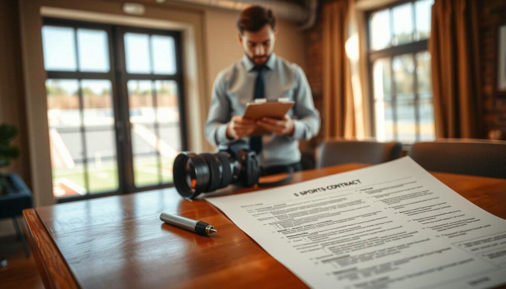 A dynamic scene showcasing a professional photography contract on a polished wooden desk in the foreground. The contract is prominently displayed, with detailed clauses and sections visible, surrounded by a camera and lens, symbolizing sports photography. The middle ground features a soft-focus image of a photographer in smart casual attire, intently reviewing the contract, with a clipboard in hand. In the background, an out-of-focus sports field can be seen, hinting at the context of sports photography. The lighting is warm and inviting, with natural sunlight streaming in from a window, creating a professional yet approachable atmosphere. The overall mood is one of focus and professionalism, emphasizing the importance of contracts and rights in photography.