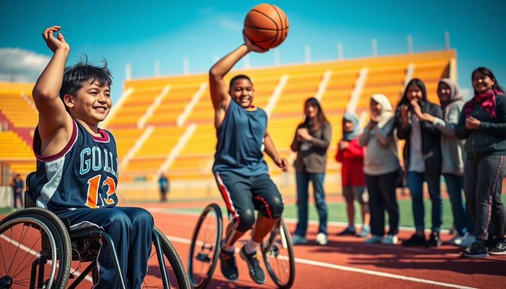 A dynamic scene showcasing diversity in adaptive sports photography, featuring a group of young athletes with disabilities engaging in various sports. In the foreground, a young athlete in a wheelchair basketball uniform smiles while shooting a basket, their focus evident. Beside them, another athlete with a prosthetic leg is practicing running on a track, showcasing determination. The middle ground includes a diverse group of spectators cheering, representing different ethnicities and genders, all dressed in casual but modest clothing. The background features a sunlit sports facility, with vibrant colors and clear blue skies, enhancing the atmosphere of inclusivity and support. The lighting is warm and natural, captured from a low angle to emphasize the athletes’ determination and teamwork. The overall mood is uplifting and inspiring, encapsulating the spirit of inclusive youth sports.