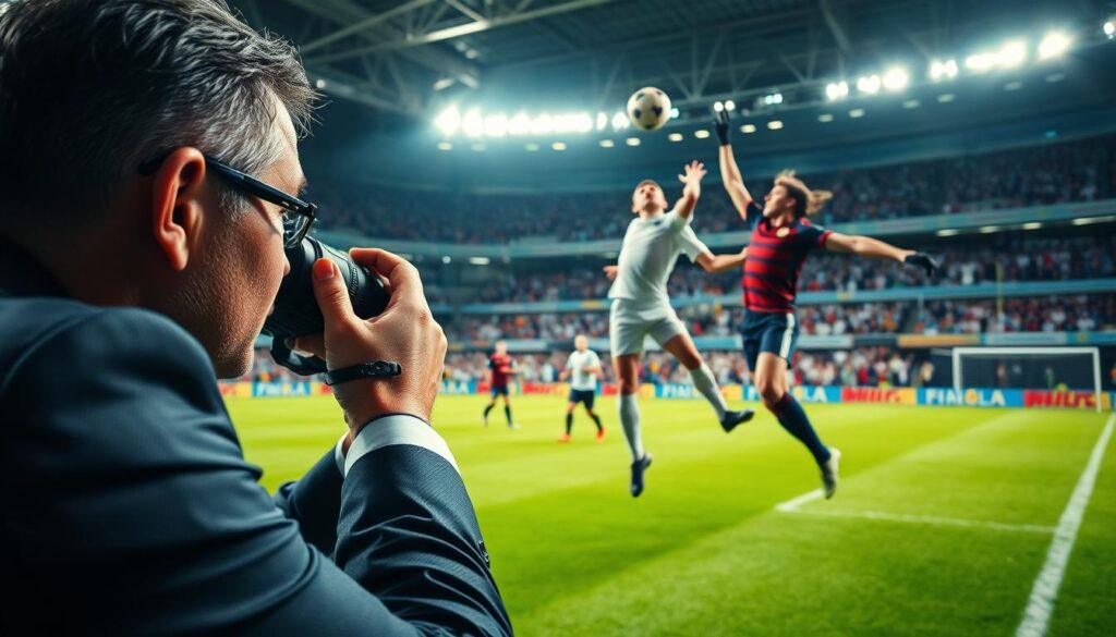 A dynamic sports photography scene capturing a vibrant soccer match in full action. In the foreground, a photographer clad in professional business attire is focused through a camera lens, poised to snap a shot of an intense play. The middle ground reveals athletes engaged in a dramatic moment, one player attempting a header while another leaps to defend. In the background, a cheering crowd in a stadium filled with banners adds energy to the scene. The image is illuminated by bright overhead stadium lights that accentuate the player's movement, showcasing sweat and determination. The angle is slightly low, emphasizing the height of the jump and the urgency of the moment, creating a thrilling, competitive atmosphere that conveys the essence of sports ownership.