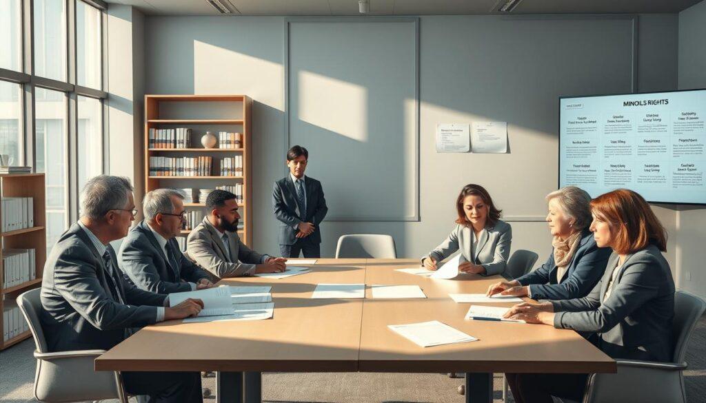 A professional legal setting depicting a meeting about minors' photography rights. In the foreground, a diverse group of adults in business attire, including both men and women, are discussing legal papers on a large table. The middle ground features a large window with soft natural light filtering through, casting gentle shadows. To the left, a bookshelf filled with legal texts and resources is visible, while to the right, a digital display shows charts about minors' rights. The background exhibits a calming color palette of blues and greens, creating a serious yet hopeful atmosphere. The scene conveys a sense of importance and care regarding the legal protections for minors, emphasizing the ethics and responsibilities involved in sports photography. A professional legal setting depicting a meeting about minors' photography rights. In the foreground, a diverse group of adults in business attire, including both men and women, are discussing legal papers on a large table. The middle ground features a large window with soft natural light filtering through, casting gentle shadows. To the left, a bookshelf filled with legal texts and resources is visible, while to the right, a digital display shows charts about minors' rights. The background exhibits a calming color palette of blues and greens, creating a serious yet hopeful atmosphere. The scene conveys a sense of importance and care regarding the legal protections for minors, emphasizing the ethics and responsibilities involved in sports photography.