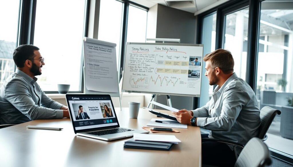 A professional office setting focused on a group meeting discussing photography policy communication strategies. In the foreground, a diverse group of three individuals—two men and one woman—are seated around a conference table, actively engaging with documents and digital devices. The woman, wearing a smart blouse, points to a laptop screen displaying a visual presentation of photography policies. In the middle ground, a whiteboard covered in notes and charts about policy details shows key photography guidelines. The background features large windows allowing natural light to flood the room, creating a bright and inviting atmosphere. The overall mood is collaborative and professional, emphasizing teamwork and clarity in policy communication. The image should capture a slight angle to enhance depth, emphasizing engagement and discussion.