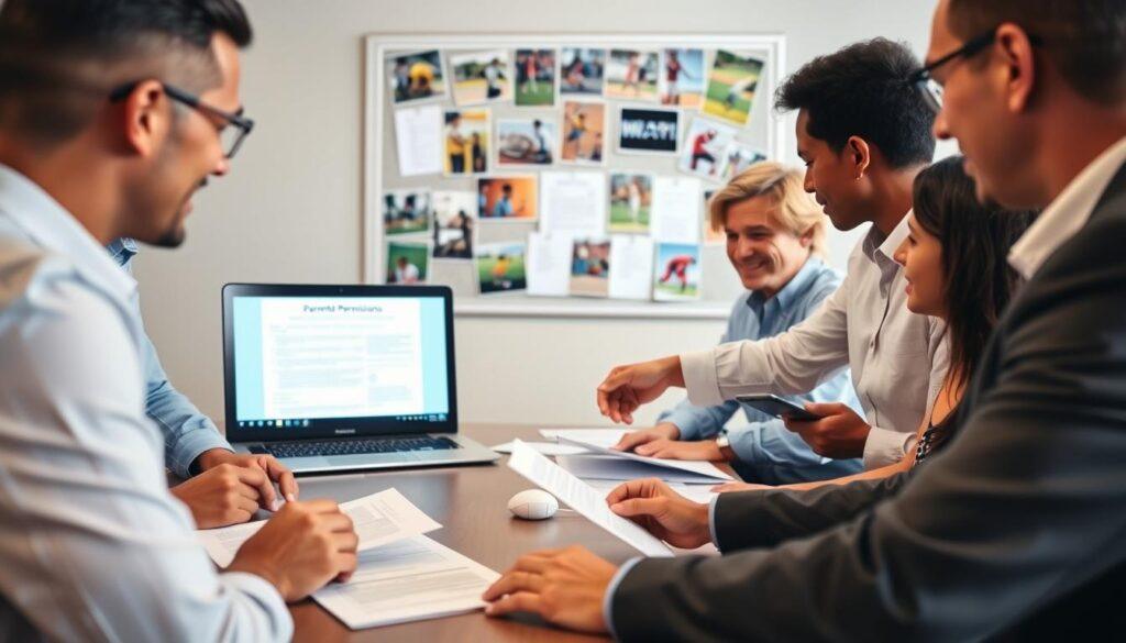 A professional office setting focused on parental permissions management for youth sports photography. In the foreground, a diverse group of adults, dressed in business attire, are engaged in a discussion around a conference table, reviewing consent forms and documents. One adult is pointing at a specific form, emphasizing its importance. In the middle, a laptop displays a digital consent form on the screen, with colorful graphics of youth sports in the background. The background features a bulletin board with pinned images of various youth sports activities, creating a lively atmosphere. The lighting is warm and inviting, suggesting an encouraging and cooperative mood. The camera angle is slightly above eye level, capturing the engaged expressions of the participants and providing a clear view of the documents being discussed. A professional office setting focused on parental permissions management for youth sports photography. In the foreground, a diverse group of adults, dressed in business attire, are engaged in a discussion around a conference table, reviewing consent forms and documents. One adult is pointing at a specific form, emphasizing its importance. In the middle, a laptop displays a digital consent form on the screen, with colorful graphics of youth sports in the background. The background features a bulletin board with pinned images of various youth sports activities, creating a lively atmosphere. The lighting is warm and inviting, suggesting an encouraging and cooperative mood. The camera angle is slightly above eye level, capturing the engaged expressions of the participants and providing a clear view of the documents being discussed.