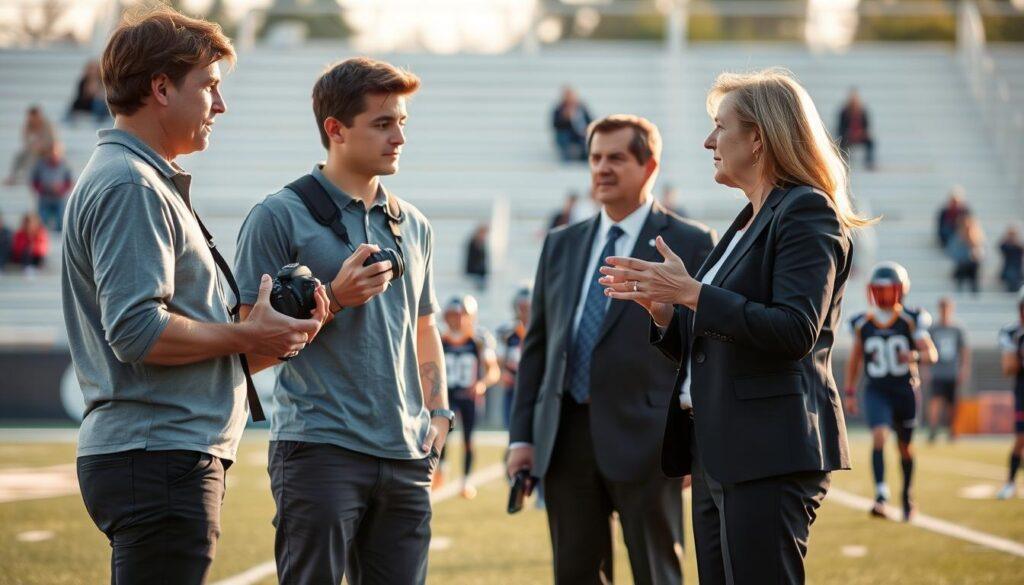 A professional photographer in modest casual clothing stands on a sports field, engaged in a respectful conversation with a concerned parent who is dressed in business attire. The foreground features the photographer holding a camera, demonstrating empathy and understanding, while the parent gestures to express their refusal for a model release. In the middle ground, young athletes in uniforms are playing sports, creating an active and dynamic atmosphere. The background is blurred slightly, with elements like bleachers and spectators, suggesting a vibrant sports event. The lighting is natural, with a warm, golden hour glow that adds a soft, inviting mood to the scene, highlighting the importance of communication and consent in sports photography. A professional photographer in modest casual clothing stands on a sports field, engaged in a respectful conversation with a concerned parent who is dressed in business attire. The foreground features the photographer holding a camera, demonstrating empathy and understanding, while the parent gestures to express their refusal for a model release. In the middle ground, young athletes in uniforms are playing sports, creating an active and dynamic atmosphere. The background is blurred slightly, with elements like bleachers and spectators, suggesting a vibrant sports event. The lighting is natural, with a warm, golden hour glow that adds a soft, inviting mood to the scene, highlighting the importance of communication and consent in sports photography.