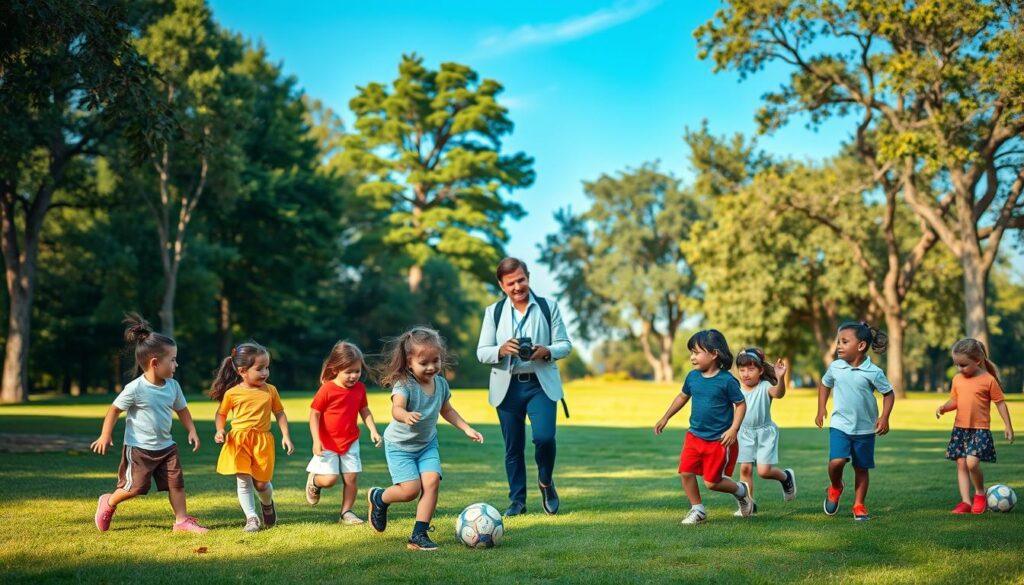 A serene park setting illustrating the concept of children's image rights protection. In the foreground, a group of diverse children, dressed in modest casual clothing, are engaged in a sports activity, such as playing soccer or basketball, with bright smiles and a sense of teamwork. In the middle ground, a responsible adult, wearing professional attire, is observing them while holding a camera, showcasing a protective stance towards the children. The background features trees and a clear blue sky, portraying a safe and joyful environment. The lighting is soft and natural, evoking a warm afternoon glow. The mood is uplifting and positive, emphasizing the importance of ethical practices in sports photography related to minors, without any text or watermark. A serene park setting illustrating the concept of children's image rights protection. In the foreground, a group of diverse children, dressed in modest casual clothing, are engaged in a sports activity, such as playing soccer or basketball, with bright smiles and a sense of teamwork. In the middle ground, a responsible adult, wearing professional attire, is observing them while holding a camera, showcasing a protective stance towards the children. The background features trees and a clear blue sky, portraying a safe and joyful environment. The lighting is soft and natural, evoking a warm afternoon glow. The mood is uplifting and positive, emphasizing the importance of ethical practices in sports photography related to minors, without any text or watermark.