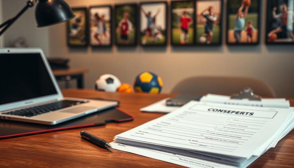 A stack of youth sports consent forms arranged neatly on a wooden office desk, surrounded by a pen, an open laptop, and a clipboard with a checklist. In the foreground, focus on the forms, emphasizing their headers and fields for signatures, with subtle shadows from the desk lamp creating a warm atmosphere. In the middle, include hints of colorful sports gear, like a soccer ball and a basketball, to reflect the theme of youth sports. The background features a soft-focus wall covered with framed action shots of children participating in various sports. The lighting is soft and inviting, enhancing the professional, organized feel of the scene. The overall mood is one of responsibility and care, capturing the importance of consent in youth sports photography. A stack of youth sports consent forms arranged neatly on a wooden office desk, surrounded by a pen, an open laptop, and a clipboard with a checklist. In the foreground, focus on the forms, emphasizing their headers and fields for signatures, with subtle shadows from the desk lamp creating a warm atmosphere. In the middle, include hints of colorful sports gear, like a soccer ball and a basketball, to reflect the theme of youth sports. The background features a soft-focus wall covered with framed action shots of children participating in various sports. The lighting is soft and inviting, enhancing the professional, organized feel of the scene. The overall mood is one of responsibility and care, capturing the importance of consent in youth sports photography.