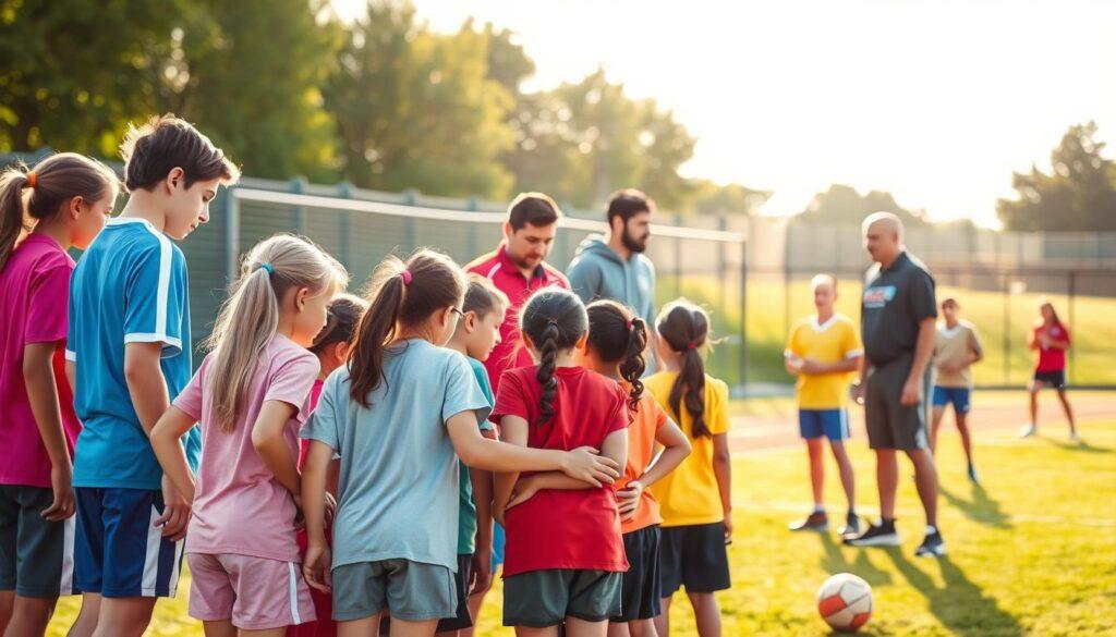 A vibrant youth sports scene showcasing a diverse group of young athletes engaged in various sports activities, such as soccer, basketball, and track. In the foreground, a diverse blend of children, including different genders and ethnic backgrounds, are collaborating in a team huddle, displaying camaraderie and support. The middle ground features coaches facilitating practice, emphasizing teamwork and inclusion, all dressed in professional attire. In the background, lush greenery and a bright, sunny sky create an inviting atmosphere. The image is illuminated with soft afternoon light, enhancing the warmth of the scene. Capture the moment with a slightly elevated angle, conveying an objective perspective that promotes inclusivity and unity in youth sports. The overall mood is optimistic and uplifting, reflecting a community commitment to overcoming biases.