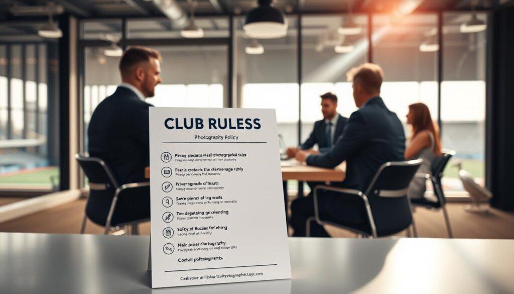 A visually appealing composition depicting a "Club Rules Photography Policy" poster in a professional setting. In the foreground, a clearly visible poster with bullet points outlining key photography rules, designed with icons representing themes like privacy, consent, and sportsmanship. The middle ground features a well-lit conference table surrounded by individuals in professional attire, discussing the policy openly. Soft, natural light streams in from large windows, casting a warm glow on the scene. The background includes a blurred view of a sports arena, hinting at the article's context. The mood is focused and collaborative, emphasizing the importance of creating strong photography policies for league events. The angle is slightly tilted to highlight both the poster and the engaged discussions.