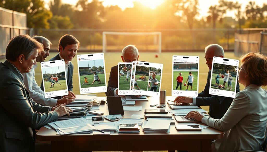 A visually engaging composition illustrating the concept of social media ethics in youth sports photography. Foreground: A professional-looking group of adults, dressed in modest business attire, engaged in a discussion surrounding a table cluttered with printed case studies and digital devices, emphasizing the importance of ethical considerations. Middle ground: Sports photos of children playing in various sports settings, respectfully framed within standard social media templates, floating slightly above the table. Background: A soft-focus view of a sports field, bathed in warm afternoon sunlight, providing a tranquil atmosphere. The lighting is bright yet soft, creating an inviting ambiance that conveys a sense of responsible sharing and thoughtful reflection. Use a wide-angle lens for depth, capturing both detail and context without any text or identifiers. A visually engaging composition illustrating the concept of social media ethics in youth sports photography. Foreground: A professional-looking group of adults, dressed in modest business attire, engaged in a discussion surrounding a table cluttered with printed case studies and digital devices, emphasizing the importance of ethical considerations. Middle ground: Sports photos of children playing in various sports settings, respectfully framed within standard social media templates, floating slightly above the table. Background: A soft-focus view of a sports field, bathed in warm afternoon sunlight, providing a tranquil atmosphere. The lighting is bright yet soft, creating an inviting ambiance that conveys a sense of responsible sharing and thoughtful reflection. Use a wide-angle lens for depth, capturing both detail and context without any text or identifiers.