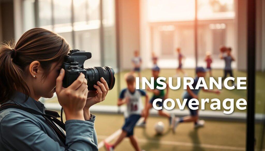 A visually striking image depicting the concept of "photography insurance coverage." In the foreground, a focused female photographer in professional attire is carefully inspecting her camera gear, highlighting her commitment to safeguarding her work. In the middle ground, a diverse group of youth league athletes is actively participating in a game, their vigorous movements capturing the excitement of sports. In the background, a clean, modern office space is visible through a glass window, symbolizing the business aspect of photography insurance. Soft, warm lighting casts a positive and hopeful atmosphere, with a shallow depth of field emphasizing the photographer. The scene embodies professionalism, responsibility, and the importance of protection in the world of photography. A visually striking image depicting the concept of "photography insurance coverage." In the foreground, a focused female photographer in professional attire is carefully inspecting her camera gear, highlighting her commitment to safeguarding her work. In the middle ground, a diverse group of youth league athletes is actively participating in a game, their vigorous movements capturing the excitement of sports. In the background, a clean, modern office space is visible through a glass window, symbolizing the business aspect of photography insurance. Soft, warm lighting casts a positive and hopeful atmosphere, with a shallow depth of field emphasizing the photographer. The scene embodies professionalism, responsibility, and the importance of protection in the world of photography.