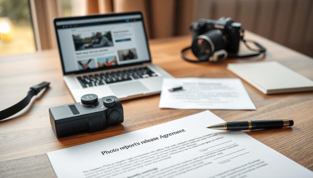 A well-organized and visually appealing flat lay of a photo release agreement on a wooden desk. In the foreground, a neatly signed photo release form with key components like "Photographer’s Rights," "Model’s Rights," and signature lines clearly visible. Surrounding the form, place a stylish fountain pen and a digital camera, symbolizing photography. In the middle ground, include a laptop open to a document with an amateur sports photography website, highlighting the context. The background features soft natural lighting from a window, creating a warm, inviting atmosphere. The entire scene should convey professionalism and clarity, reflecting the seriousness of legal agreements in sports photography. The composition should be balanced and engaging, with an emphasis on the text of the agreement. A well-organized and visually appealing flat lay of a photo release agreement on a wooden desk. In the foreground, a neatly signed photo release form with key components like "Photographer’s Rights," "Model’s Rights," and signature lines clearly visible. Surrounding the form, place a stylish fountain pen and a digital camera, symbolizing photography. In the middle ground, include a laptop open to a document with an amateur sports photography website, highlighting the context. The background features soft natural lighting from a window, creating a warm, inviting atmosphere. The entire scene should convey professionalism and clarity, reflecting the seriousness of legal agreements in sports photography. The composition should be balanced and engaging, with an emphasis on the text of the agreement.