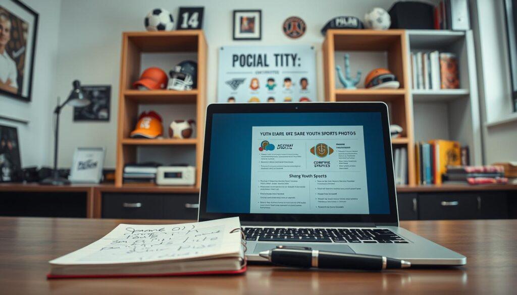 A well-organized workspace featuring an open laptop displaying a visually appealing infographic of social media ethics guidelines, specifically focusing on sharing youth sports photos. In the foreground, a notebook with handwritten notes and a professional pen rests beside the laptop. The middle ground showcases an inspiring poster on the wall with icons representing youth sports and guidelines like consent and privacy. In the background, shelves filled with sports memorabilia and books about ethics and photography create an engaging atmosphere. The lighting is soft yet bright, simulating a productive, inviting office space. The mood is informative and thoughtful, encouraging viewers to consider responsible social media practices around youth sports. The angle is a slightly elevated perspective, capturing the entire workspace harmoniously. A well-organized workspace featuring an open laptop displaying a visually appealing infographic of social media ethics guidelines, specifically focusing on sharing youth sports photos. In the foreground, a notebook with handwritten notes and a professional pen rests beside the laptop. The middle ground showcases an inspiring poster on the wall with icons representing youth sports and guidelines like consent and privacy. In the background, shelves filled with sports memorabilia and books about ethics and photography create an engaging atmosphere. The lighting is soft yet bright, simulating a productive, inviting office space. The mood is informative and thoughtful, encouraging viewers to consider responsible social media practices around youth sports. The angle is a slightly elevated perspective, capturing the entire workspace harmoniously.