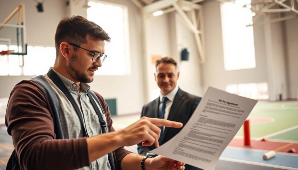 A professional photographer reviewing a photography agreement document with a facility owner inside a bright, spacious sports venue. In the foreground, the photographer, dressed in smart casual attire, is focused on the contract, pointing at specific terms with intent. The facility owner, wearing business attire, listens attentively, showing engagement. In the middle ground, various sports equipment and facilities are visible, like a basketball court or soccer field, subtly indicating the venue's purpose. The background features large windows allowing natural light to flood the space, creating an inviting atmosphere. Soft ambient lighting enhances the scene, giving it a warm and collaborative feeling. The angle is a slightly elevated perspective, capturing both parties' expressions and the professional atmosphere of the discussion. A professional photographer reviewing a photography agreement document with a facility owner inside a bright, spacious sports venue. In the foreground, the photographer, dressed in smart casual attire, is focused on the contract, pointing at specific terms with intent. The facility owner, wearing business attire, listens attentively, showing engagement. In the middle ground, various sports equipment and facilities are visible, like a basketball court or soccer field, subtly indicating the venue's purpose. The background features large windows allowing natural light to flood the space, creating an inviting atmosphere. Soft ambient lighting enhances the scene, giving it a warm and collaborative feeling. The angle is a slightly elevated perspective, capturing both parties' expressions and the professional atmosphere of the discussion.