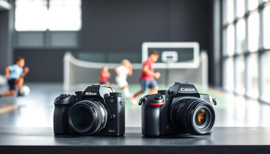 A side-by-side comparison of a mirrorless camera and a DSLR camera, both set on a table in a well-lit modern photography studio. The mirrorless camera features a compact design with an electronic viewfinder and a large aperture lens, capturing the sleek, minimalistic aesthetic. The DSLR, contrastingly, showcases a bulkier body with a small optical viewfinder and a telephoto lens, emphasizing its traditional appearance. In the background, blurred images of youth sports such as soccer and basketball in action can be faintly seen, highlighting the cameras' relevance to sports photography. Soft, natural lighting illuminates both cameras, casting gentle shadows that enhance their details. The atmosphere is professional and focused, creating an engaging and informative visual comparison. A side-by-side comparison of a mirrorless camera and a DSLR camera, both set on a table in a well-lit modern photography studio. The mirrorless camera features a compact design with an electronic viewfinder and a large aperture lens, capturing the sleek, minimalistic aesthetic. The DSLR, contrastingly, showcases a bulkier body with a small optical viewfinder and a telephoto lens, emphasizing its traditional appearance. In the background, blurred images of youth sports such as soccer and basketball in action can be faintly seen, highlighting the cameras' relevance to sports photography. Soft, natural lighting illuminates both cameras, casting gentle shadows that enhance their details. The atmosphere is professional and focused, creating an engaging and informative visual comparison.