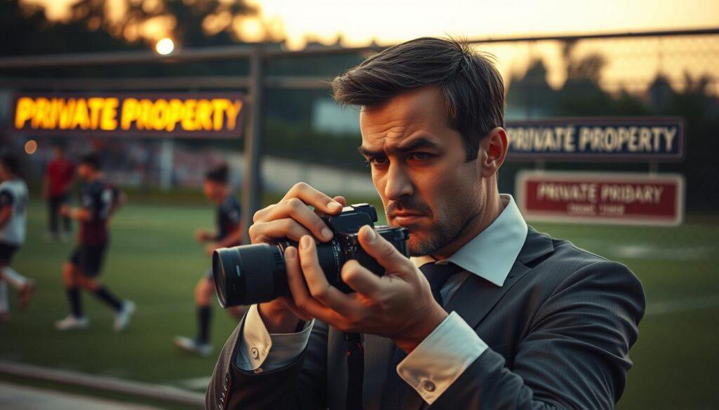 A thought-provoking scene depicting the complexities of private property photography. In the foreground, a photographer in professional business attire is adjusting a camera lens with focused intensity, capturing the essence of a sports event. The middle ground features blurred athletes in action, highlighting the excitement of the moment yet subtly indicating a restricted area. In the background, a boundary fence with “Private Property” signs softly illuminated by warm evening light, creating a contrast of exclusive access versus public enjoyment. The scene conveys a feeling of tension and contemplation, illustrating the fine line between public and private photography rights. The lighting is warm and atmospheric, suggesting a late afternoon setting, with a shallow depth of field to draw attention to the photographer’s expression and the blurred players, evoking a sense of urgency and ethical consideration in sports photography. A thought-provoking scene depicting the complexities of private property photography. In the foreground, a photographer in professional business attire is adjusting a camera lens with focused intensity, capturing the essence of a sports event. The middle ground features blurred athletes in action, highlighting the excitement of the moment yet subtly indicating a restricted area. In the background, a boundary fence with “Private Property” signs softly illuminated by warm evening light, creating a contrast of exclusive access versus public enjoyment. The scene conveys a feeling of tension and contemplation, illustrating the fine line between public and private photography rights. The lighting is warm and atmospheric, suggesting a late afternoon setting, with a shallow depth of field to draw attention to the photographer’s expression and the blurred players, evoking a sense of urgency and ethical consideration in sports photography.