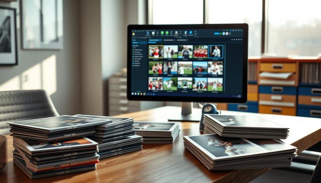 A well-organized sports photo archiving system in a modern office environment. In the foreground, display a sleek, wooden desk with organized stacks of printed sports photographs from various teams, each labeled by year and team name. In the middle, show a digital workstation with a large-screen computer displaying an efficient photo management software interface, featuring thumbnails of different team events. A color-coded filing cabinet can be seen to the side, filled with photo folders. In the background, soft sunlight filters through large windows, creating a warm and inviting atmosphere, highlighting the importance of preserving memories. The scene evokes a sense of professionalism and nostalgia, capturing the essence of archiving in sports for clubs and families.