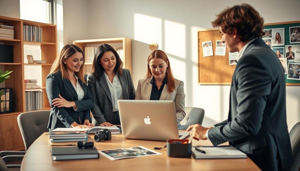 An office setting showcasing a professional discussion about ethical image protection and sharing team photos post-season. In the foreground, a group of three diverse professionals in business attire—two women and one man—are reviewing a laptop, looking engaged and focused. The middle ground features a neatly organized table with printed photos, notebooks, and a camera. The background shows shelves filled with photo albums and a bulletin board displaying team achievements. Soft, natural lighting filters through a window, casting gentle shadows, creating a warm and inviting atmosphere. The scene conveys a sense of responsibility, collaboration, and respect for privacy, emphasizing ethical practices in the usage and archiving of team photography.