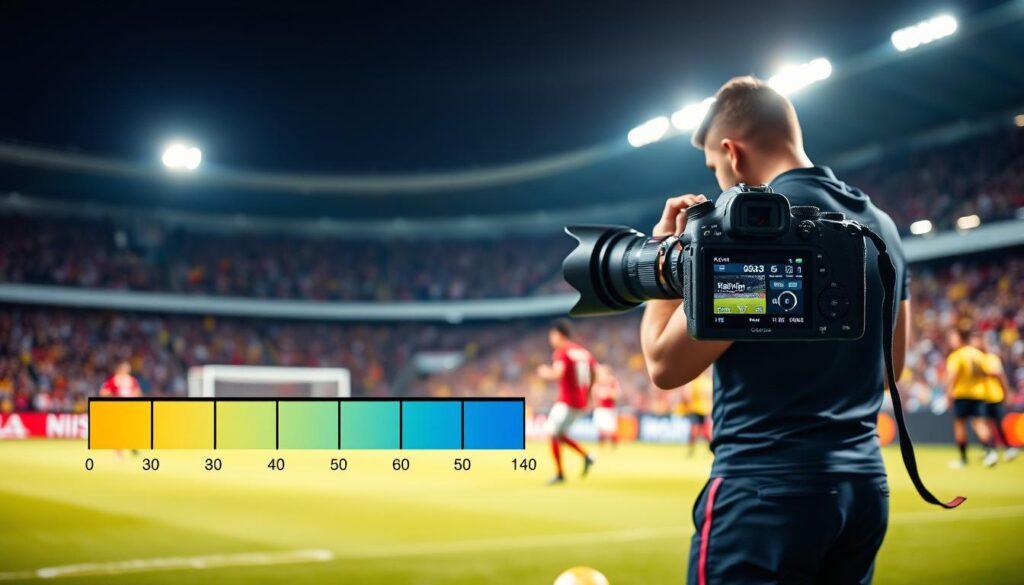 A Kelvin white balance scale prominently displayed in the foreground, featuring a gradient color spectrum from warm yellow tones to cool blue hues, representing various color temperatures in sports photography. In the middle ground, a professional photographer stands in sports attire, adjusting their camera settings, with a focus on the camera's display showing the Kelvin scale adjustment options. The background captures a dynamic sports scene, perhaps a soccer match, with athletes in motion and vivid colors, illuminated by bright stadium lights, creating a lively atmosphere. The overall mood is energetic and focused, highlighting the importance of white balance in capturing true colors. Soft shadows enhance the dimension, and a shallow depth of field emphasizes the subject and the Kelvin scale clearly. A Kelvin white balance scale prominently displayed in the foreground, featuring a gradient color spectrum from warm yellow tones to cool blue hues, representing various color temperatures in sports photography. In the middle ground, a professional photographer stands in sports attire, adjusting their camera settings, with a focus on the camera's display showing the Kelvin scale adjustment options. The background captures a dynamic sports scene, perhaps a soccer match, with athletes in motion and vivid colors, illuminated by bright stadium lights, creating a lively atmosphere. The overall mood is energetic and focused, highlighting the importance of white balance in capturing true colors. Soft shadows enhance the dimension, and a shallow depth of field emphasizes the subject and the Kelvin scale clearly.