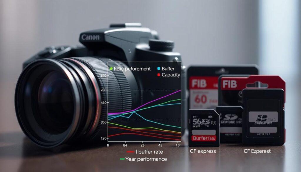 A detailed camera buffer depth diagram highlighting the interaction between burst rate, buffer capacity, and card speed. In the foreground, illustrate a sleek digital camera with a visual overlay of data lines showing buffer performance metrics. The middle ground features graphical representations of buffer depths measured against various burst rates, using vibrant colors to distinguish different levels. In the background, depict memory cards of varying speeds, including SD and CFexpress types, in a professional setting. Soft, ambient lighting illuminates the scene, emphasizing key components. The overall atmosphere is technical and informative, ideal for a scientific audience exploring photography technology. No text or logos are included. A detailed camera buffer depth diagram highlighting the interaction between burst rate, buffer capacity, and card speed. In the foreground, illustrate a sleek digital camera with a visual overlay of data lines showing buffer performance metrics. The middle ground features graphical representations of buffer depths measured against various burst rates, using vibrant colors to distinguish different levels. In the background, depict memory cards of varying speeds, including SD and CFexpress types, in a professional setting. Soft, ambient lighting illuminates the scene, emphasizing key components. The overall atmosphere is technical and informative, ideal for a scientific audience exploring photography technology. No text or logos are included.