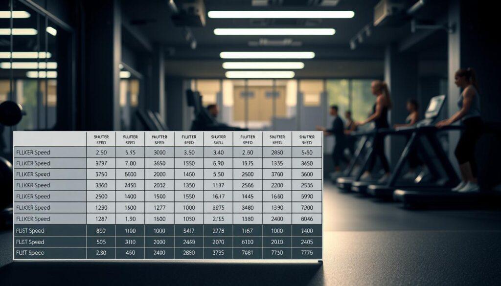 A detailed flicker reduction shutter speed chart designed for photographers, set in a dimly lit gym environment with soft, focused lighting to reflect the challenge of low-light photography. The foreground features a sleek, modern chart displaying various shutter speeds and their corresponding effects on flicker reduction, with clear divisions between speed categories. In the middle ground, subtle outlines of gym equipment like weights and treadmills are softly illuminated, providing context without diverting attention from the chart. The background hints at a blurred out gym atmosphere with indistinct figures dressed in professional gym attire, working out. The mood is focused and educational, creating an atmosphere of determination and skill improvement. The image is visually balanced and clear, devoid of any text or embellishments. A detailed flicker reduction shutter speed chart designed for photographers, set in a dimly lit gym environment with soft, focused lighting to reflect the challenge of low-light photography. The foreground features a sleek, modern chart displaying various shutter speeds and their corresponding effects on flicker reduction, with clear divisions between speed categories. In the middle ground, subtle outlines of gym equipment like weights and treadmills are softly illuminated, providing context without diverting attention from the chart. The background hints at a blurred out gym atmosphere with indistinct figures dressed in professional gym attire, working out. The mood is focused and educational, creating an atmosphere of determination and skill improvement. The image is visually balanced and clear, devoid of any text or embellishments.