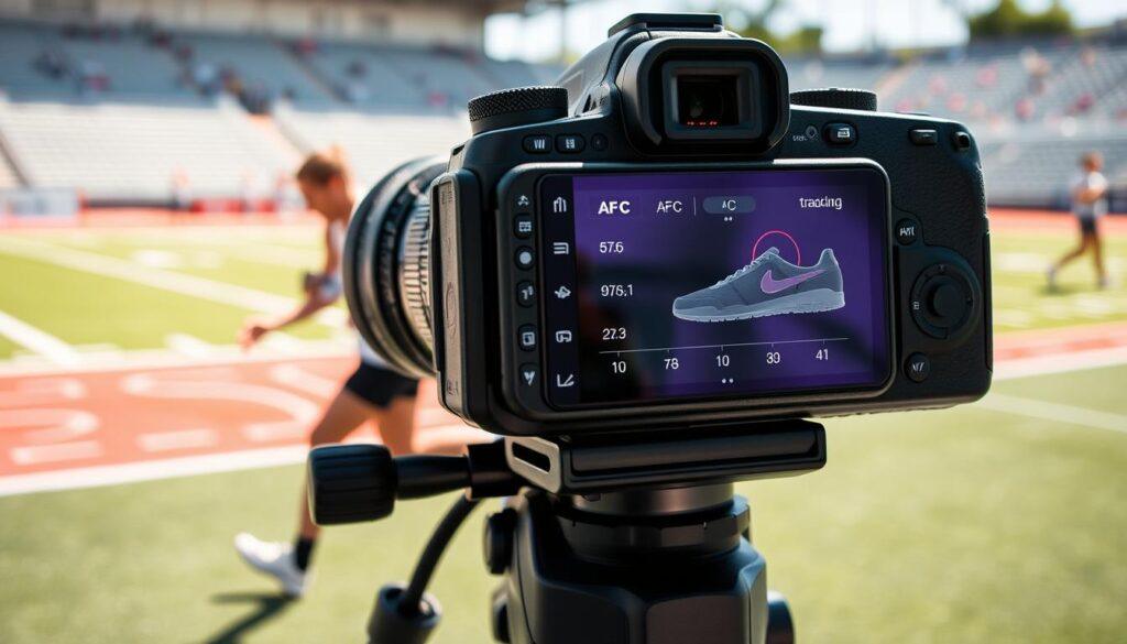 A detailed view of a high-end camera setup focused on the sport-specific autofocus cases configuration. In the foreground, a professional camera with a telephoto lens is set on a tripod, showcasing a clear view of its settings screen displaying “AF-C” and tracking modes. In the middle ground, an athlete in a dynamic pose, dressed in a modest athletic outfit, is captured mid-action, emphasizing movement and speed. The background features a blurred sports field, suggesting a bustling atmosphere of a game in progress. Bright, natural daylight highlights the scene, creating shadows for depth. The overall mood is energetic and focused, encapsulating the essence of sports photography. A detailed view of a high-end camera setup focused on the sport-specific autofocus cases configuration. In the foreground, a professional camera with a telephoto lens is set on a tripod, showcasing a clear view of its settings screen displaying “AF-C” and tracking modes. In the middle ground, an athlete in a dynamic pose, dressed in a modest athletic outfit, is captured mid-action, emphasizing movement and speed. The background features a blurred sports field, suggesting a bustling atmosphere of a game in progress. Bright, natural daylight highlights the scene, creating shadows for depth. The overall mood is energetic and focused, encapsulating the essence of sports photography.
