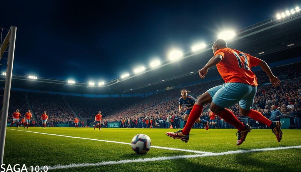 A dynamic football scene capturing the intensity of a nighttime match, with a focus on the players in action, positioned prominently in the foreground. They are dressed in brightly colored jerseys, showcasing movement as the ball is kicked toward the goal. The middle ground features blurred outlines of the stadium filled with cheering fans, illuminated by bright floodlights casting dramatic shadows. In the background, a deep blue sky hints at the nighttime ambiance, subtly illuminated by overhead lights. The scene should convey a sense of excitement and urgency, highlighting the critical AF reliability of cameras in low light settings. Capture the energy of the moment while showcasing the optimal lens and angles for effective autofocus under challenging lighting conditions.
