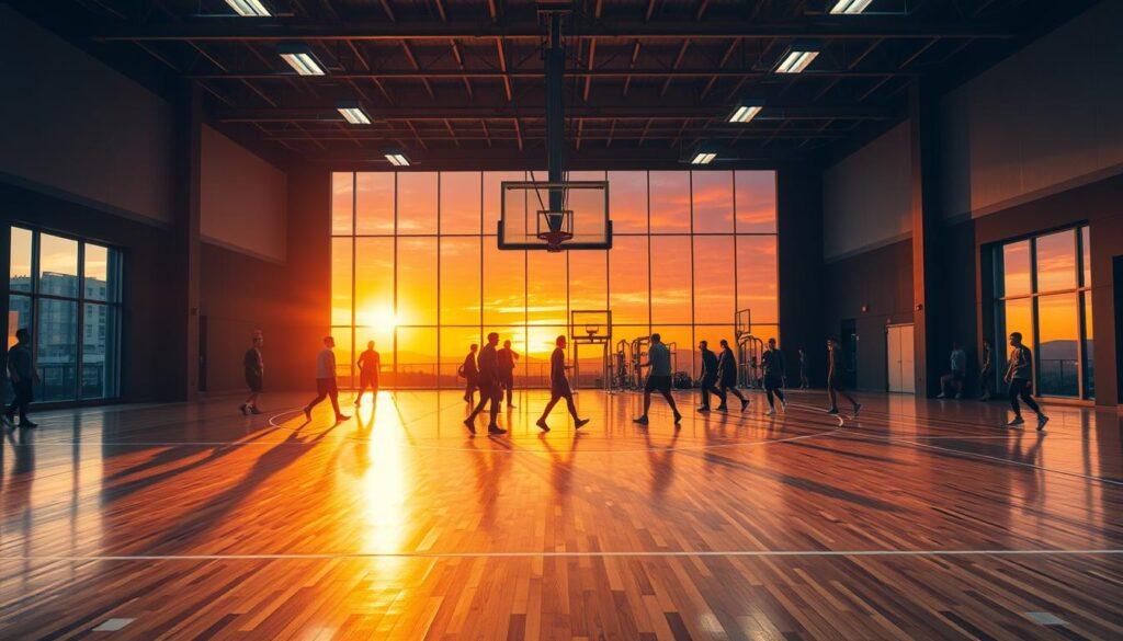 A dynamic gym interior at sunset, showcasing a blend of mixed lighting. In the foreground, a sleek basketball court with polished wooden floors reflects the warm, golden sunlight filtering through large windows. Athletes in modest athletic wear are engaged in various activities, capturing the essence of teamwork and competition. The middle section features gym equipment, slightly shadowed, illuminated by overhead fluorescent lights juxtaposed with the ambient sunset glow. In the background, the vibrant hues of a sunset sky blend oranges and purples, creating a warm and inviting atmosphere. Capture this scene with a wide-angle lens, emphasizing the contrast in light temperatures and the interplay of shadows, evoking a sense of energy and camaraderie within the space. A dynamic gym interior at sunset, showcasing a blend of mixed lighting. In the foreground, a sleek basketball court with polished wooden floors reflects the warm, golden sunlight filtering through large windows. Athletes in modest athletic wear are engaged in various activities, capturing the essence of teamwork and competition. The middle section features gym equipment, slightly shadowed, illuminated by overhead fluorescent lights juxtaposed with the ambient sunset glow. In the background, the vibrant hues of a sunset sky blend oranges and purples, creating a warm and inviting atmosphere. Capture this scene with a wide-angle lens, emphasizing the contrast in light temperatures and the interplay of shadows, evoking a sense of energy and camaraderie within the space.
