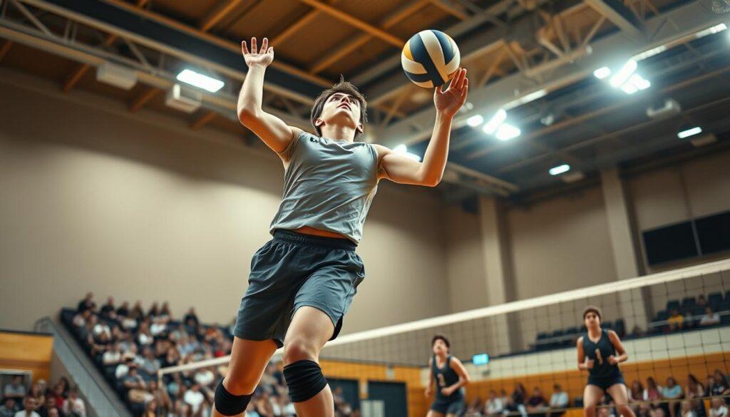 A dynamic indoor volleyball action shot, captured with a prime lens to highlight the sharp details of the moment. In the foreground, an athlete in a modest athletic uniform leaps to spike the ball, muscles tensed, and expression focused. The middle ground features teammates positioned strategically, ready for a tense rally, with their keen eyes following the ball's trajectory. In the background, a blurred audience filled with anticipation adds depth to the scene. The soft ambient gym lighting creates a warm glow, with focused highlights on the players, enhancing the intensity of the action. Capture this exhilarating moment at a low angle, emphasizing the height of the jump and the energy of the game, all within a visually compelling composition that conveys the spirit of competition. A dynamic indoor volleyball action shot, captured with a prime lens to highlight the sharp details of the moment. In the foreground, an athlete in a modest athletic uniform leaps to spike the ball, muscles tensed, and expression focused. The middle ground features teammates positioned strategically, ready for a tense rally, with their keen eyes following the ball's trajectory. In the background, a blurred audience filled with anticipation adds depth to the scene. The soft ambient gym lighting creates a warm glow, with focused highlights on the players, enhancing the intensity of the action. Capture this exhilarating moment at a low angle, emphasizing the height of the jump and the energy of the game, all within a visually compelling composition that conveys the spirit of competition.