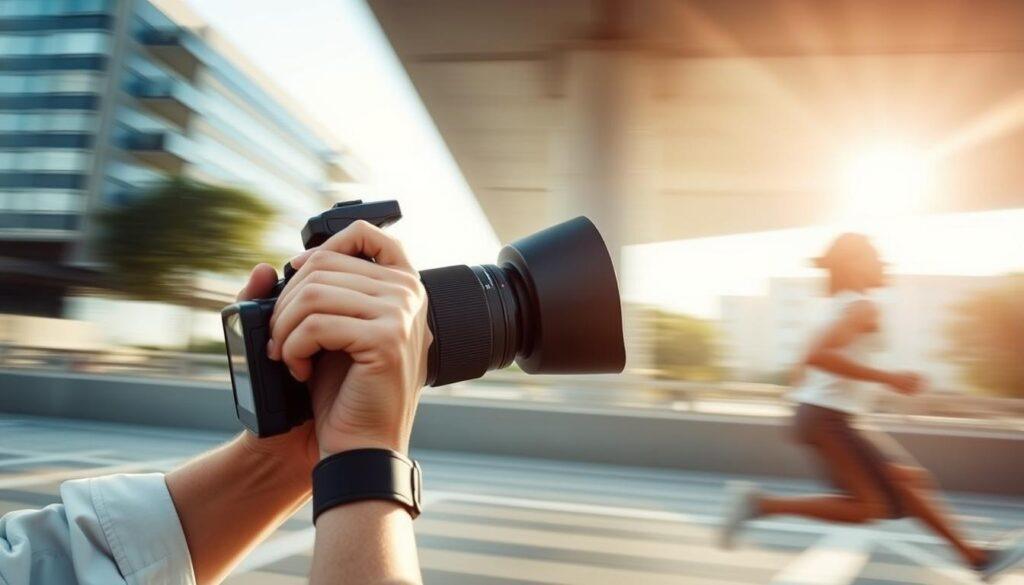 A dynamic scene capturing the effects of rolling shutter distortion in modern photography, showcasing a professional photographer in a business-casual attire. In the foreground, the photographer is rapidly shooting with a DSLR camera, focusing on a moving subject. The middle ground features an athlete sprinting energetically, their limbs slightly distorted, visually illustrating the rolling shutter effect. In the background, a blurred urban landscape with hints of dynamic motion adds depth. Soft daylight pours from the upper left, creating natural highlights on the photographer. The lens is slightly tilted, providing a dynamic angle to enhance the sense of movement. The mood is energetic and fast-paced, emphasizing the differences between electronic and mechanical shutters. A dynamic scene capturing the effects of rolling shutter distortion in modern photography, showcasing a professional photographer in a business-casual attire. In the foreground, the photographer is rapidly shooting with a DSLR camera, focusing on a moving subject. The middle ground features an athlete sprinting energetically, their limbs slightly distorted, visually illustrating the rolling shutter effect. In the background, a blurred urban landscape with hints of dynamic motion adds depth. Soft daylight pours from the upper left, creating natural highlights on the photographer. The lens is slightly tilted, providing a dynamic angle to enhance the sense of movement. The mood is energetic and fast-paced, emphasizing the differences between electronic and mechanical shutters.