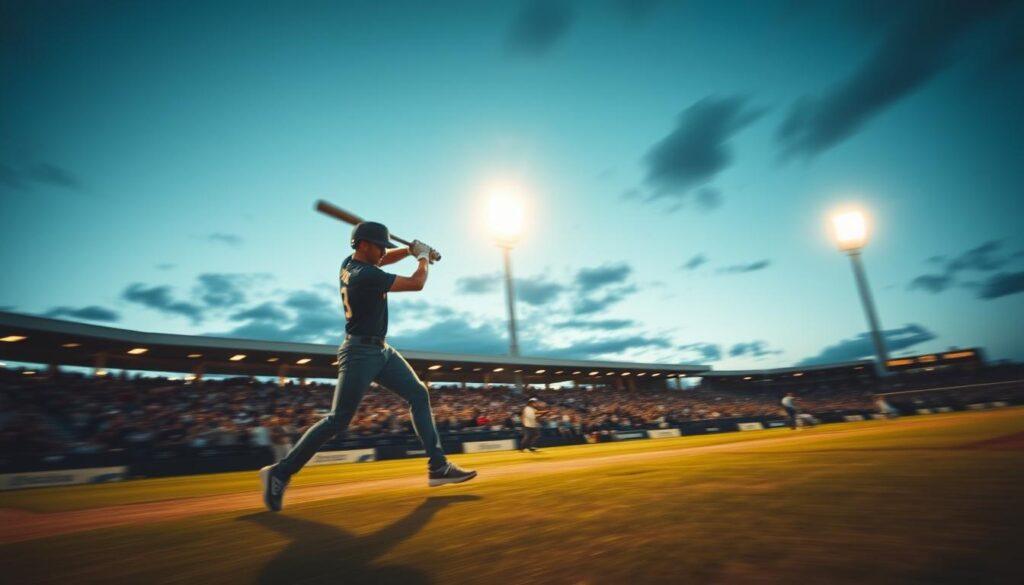 A dynamic scene capturing the essence of panning photography, showcasing a professional athlete in mid-action on a sports field. The foreground features the athlete, blurred slightly to convey movement, swinging a bat with intense focus. In the middle ground, a cheering crowd can be seen, also blurred to enhance the sense of speed. The background presents a vibrant stadium with bright floodlights illuminating the scene, creating a dramatic contrast against the deepening twilight sky. The angle is slightly low, emphasizing the motion and energy of the athlete. Soft motion trails extend from the athlete, illustrating the shutter speed technique effectively. The mood is exhilarating and energetic, capturing the thrill of action and the art of photography in motion.