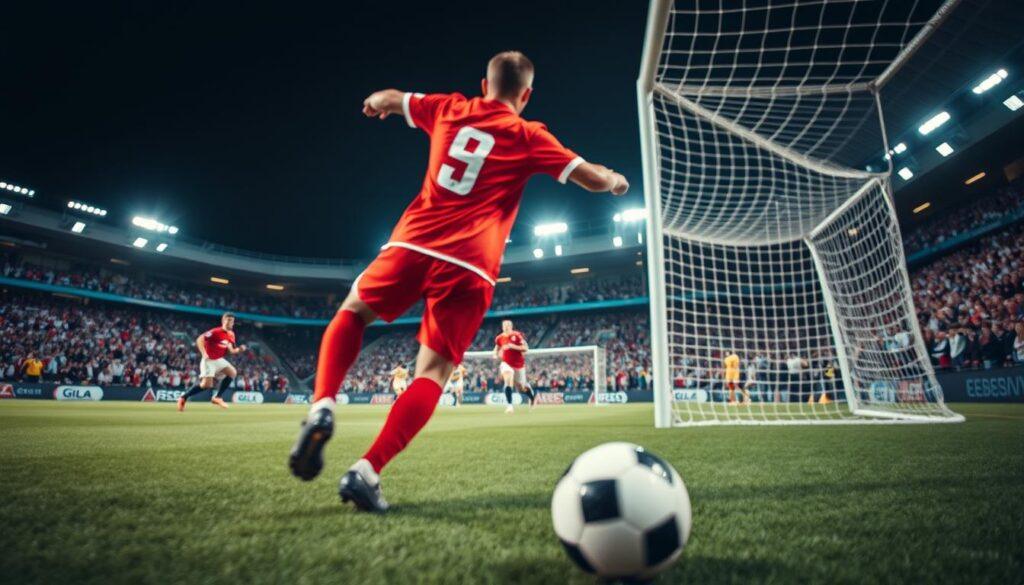 A dynamic sports photography scene capturing a comparison between fast glass and stopping down aperture settings. In the foreground, a soccer player in a vibrant team uniform takes a powerful shot, showcasing sharp focus with a blurred background. The middle ground features a second player and a blurred out goalpost, illustrating the effect of fast glass—clean edges, vivid colors, and motion captured with a shallow depth of field. The background includes a stadium filled with cheering fans, softly illuminated by stadium lights, conveying an energetic atmosphere. The shot is taken with a wide-angle lens at eye level, emphasizing the movement and excitement of the moment, with a focus on clarity and detail. A dynamic sports photography scene capturing a comparison between fast glass and stopping down aperture settings. In the foreground, a soccer player in a vibrant team uniform takes a powerful shot, showcasing sharp focus with a blurred background. The middle ground features a second player and a blurred out goalpost, illustrating the effect of fast glass—clean edges, vivid colors, and motion captured with a shallow depth of field. The background includes a stadium filled with cheering fans, softly illuminated by stadium lights, conveying an energetic atmosphere. The shot is taken with a wide-angle lens at eye level, emphasizing the movement and excitement of the moment, with a focus on clarity and detail.