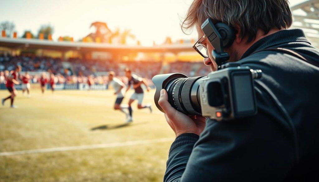 A dynamic sports scene capturing the essence of subject tracking autofocus in action. In the foreground, a professional photographer with a high-end DSLR camera is intently focused on a soccer player sprinting across the field. The camera is equipped with a long telephoto lens, accentuating the swift movement of the athlete. The middle ground features a blurred background of a vibrant, energetic soccer match, with players in a variety of colorful uniforms. Bright daylight casts lively shadows on the grass. The atmosphere is intense and exhilarating, showcasing the determination of the player and the photographer's skill in tracking motion. The composition highlights the sharp focus on the athlete while the surrounding elements remain soft, emphasizing the effectiveness of autofocus technology in capturing fast-paced action.