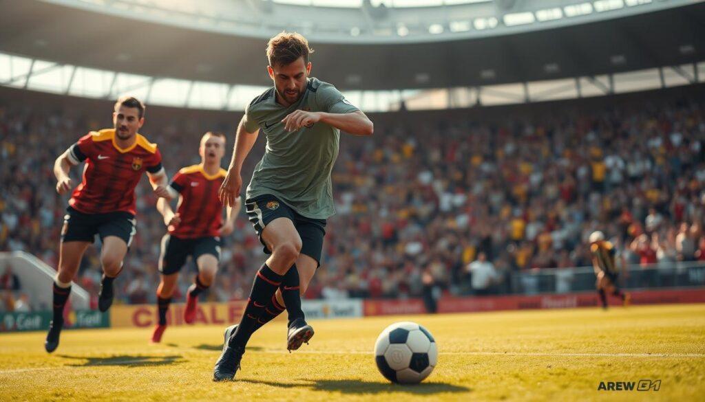 A dynamic sports scene focusing on a soccer player mid-action, dribbling the ball with intense concentration. The foreground captures the player sharply in professional athletic gear, showcasing precise details like the texture of the jersey and the expression of determination on their face. In the midground, blurred defenders are attempting to close in, creating a sense of movement. The background features a vibrant stadium filled with cheering fans, softly out of focus, emphasizing the subject. The lighting is bright and dynamic, simulating late afternoon sun, enhancing colors and shadows. Capture this moment with a wide aperture to achieve a beautiful depth of field, conveying the thrill of sports and the importance of clarity in focus amidst a bustling atmosphere. A dynamic sports scene focusing on a soccer player mid-action, dribbling the ball with intense concentration. The foreground captures the player sharply in professional athletic gear, showcasing precise details like the texture of the jersey and the expression of determination on their face. In the midground, blurred defenders are attempting to close in, creating a sense of movement. The background features a vibrant stadium filled with cheering fans, softly out of focus, emphasizing the subject. The lighting is bright and dynamic, simulating late afternoon sun, enhancing colors and shadows. Capture this moment with a wide aperture to achieve a beautiful depth of field, conveying the thrill of sports and the importance of clarity in focus amidst a bustling atmosphere.