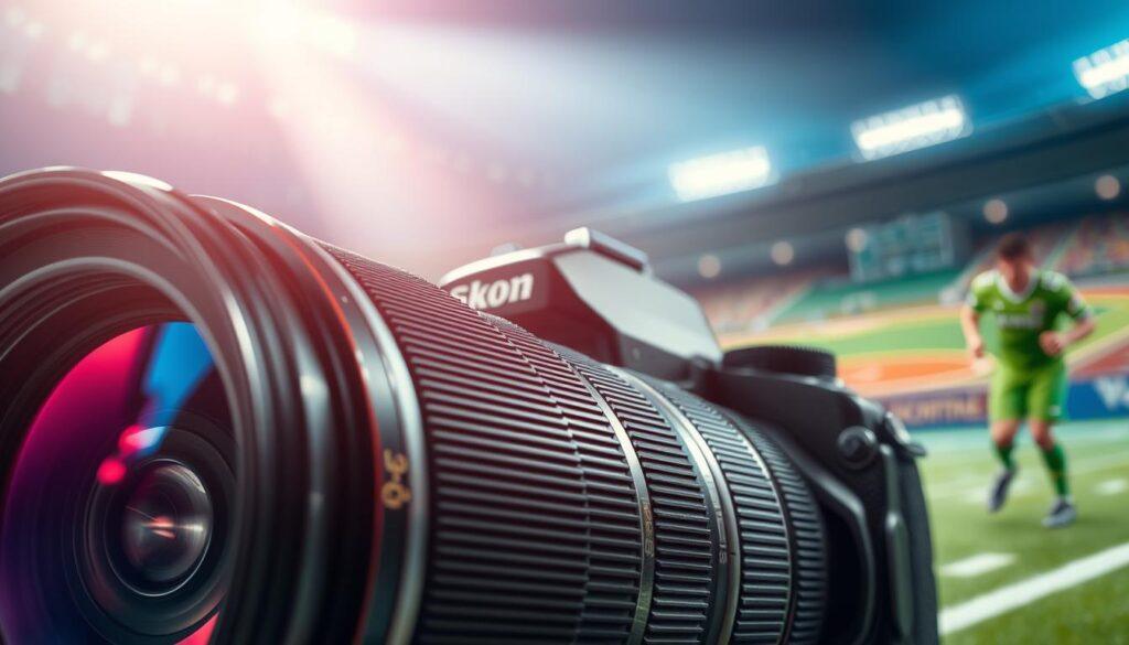 A high-quality close-up of a 100-400mm camera lens, emphasizing its autofocus and stabilization technology. The lens is glistening under bright studio lights, showcasing its intricate details and metallic finish. In the foreground, the lens is positioned at an angle, revealing the focus ring and image stabilization switch. In the middle ground, a camera body is attached, equipped with a realistic viewfinder and grip, hinting at its use in sports photography. The background features a blurred soccer field, baseball diamond, and football field to represent action shots, with vibrant colors indicating motion. The atmosphere is dynamic yet professional, resembling a photography workshop. No text or watermarks are included. A high-quality close-up of a 100-400mm camera lens, emphasizing its autofocus and stabilization technology. The lens is glistening under bright studio lights, showcasing its intricate details and metallic finish. In the foreground, the lens is positioned at an angle, revealing the focus ring and image stabilization switch. In the middle ground, a camera body is attached, equipped with a realistic viewfinder and grip, hinting at its use in sports photography. The background features a blurred soccer field, baseball diamond, and football field to represent action shots, with vibrant colors indicating motion. The atmosphere is dynamic yet professional, resembling a photography workshop. No text or watermarks are included.