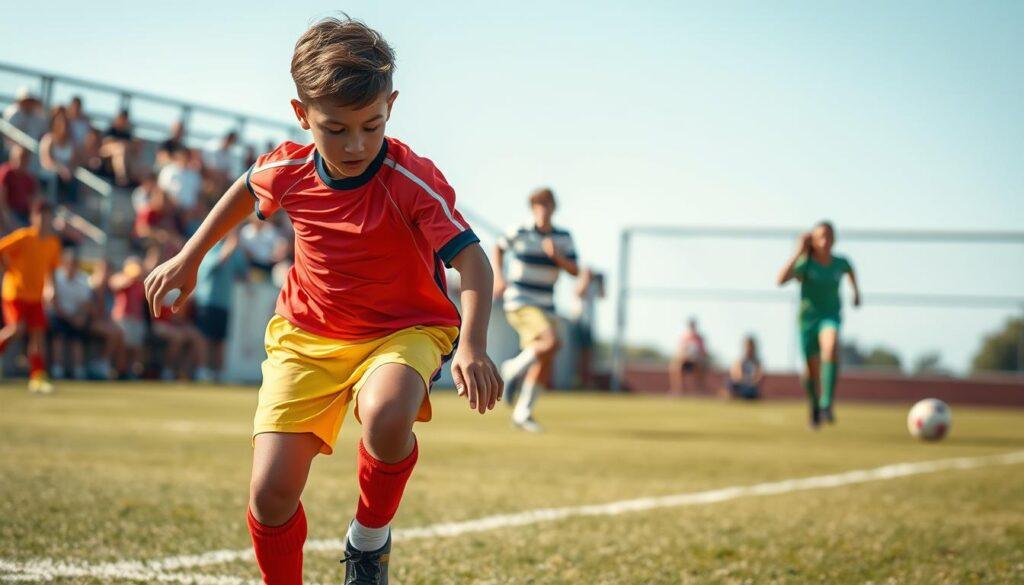 A high-quality image showcasing a 70-200mm lens focusing on a youth soccer player during an intense moment of the game. The foreground features the dynamic athlete, wearing a vibrant soccer jersey and shorts, captured in mid-action as they dribble the ball. The athlete's expression is determined and focused. In the middle, the blurred motion of other players can be seen in the background, emphasizing the speed and action of the game. The backdrop includes a sunny soccer field with spectators in soft focus to convey energy and excitement. The lighting is bright and natural, casting soft shadows, enhancing the athlete's form. The composition highlights the lens's ability to isolate the subject while rendering the background beautifully blurred, effectively illustrating the concept of fast aperture versus zoom flexibility. A high-quality image showcasing a 70-200mm lens focusing on a youth soccer player during an intense moment of the game. The foreground features the dynamic athlete, wearing a vibrant soccer jersey and shorts, captured in mid-action as they dribble the ball. The athlete's expression is determined and focused. In the middle, the blurred motion of other players can be seen in the background, emphasizing the speed and action of the game. The backdrop includes a sunny soccer field with spectators in soft focus to convey energy and excitement. The lighting is bright and natural, casting soft shadows, enhancing the athlete's form. The composition highlights the lens's ability to isolate the subject while rendering the background beautifully blurred, effectively illustrating the concept of fast aperture versus zoom flexibility.