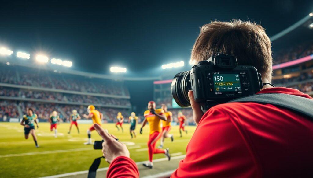 A vibrant night sports photography scene featuring a professional photographer capturing an evening football match under bright stadium lights. In the foreground, the photographer is focused on their camera, displaying the camera settings for ISO adjustments prominently, emphasizing control over noise in low light. The middle ground shows dynamic athletes in action, mid-game, wearing brightly colored uniforms, with their movements conveying excitement and intensity. In the background, a packed stadium with cheering fans creates an immersive atmosphere. The lighting is bright yet dynamic, highlighting key players while casting dramatic shadows. The mood is energetic and focused, suitable for an article on camera settings, with no text or additional elements distracting from the composition.