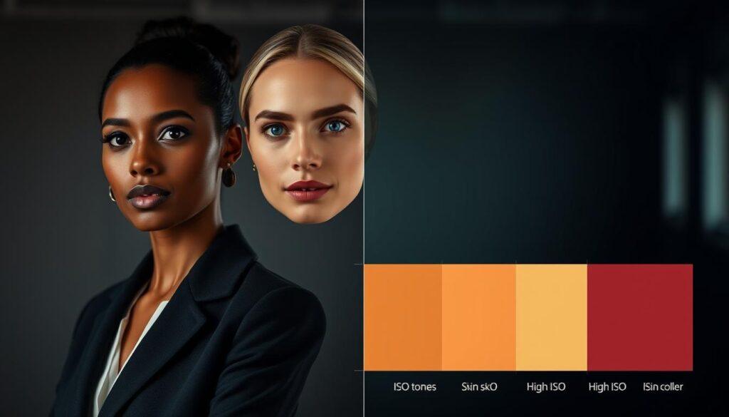 A visually striking image showcasing a side-by-side comparison of skin tones under varying ISO settings in low light. In the foreground, two professional models with diverse skin tones stand in modest business attire, each illuminated by soft, diffused lighting that enhances their natural complexion. The middle layer displays a gradient of skin tones seamlessly transitioning from warm to cool undertones, representing accurate color fidelity across high ISO levels. The background is softly blurred to emphasize the models and skin tone samples, with a subtle gradient transitioning from dark to light, creating an atmospheric effect that conveys the challenges of capturing true colors in dim environments. The overall mood is professional and informative, perfect for illustrating the importance of color retention in photography. A visually striking image showcasing a side-by-side comparison of skin tones under varying ISO settings in low light. In the foreground, two professional models with diverse skin tones stand in modest business attire, each illuminated by soft, diffused lighting that enhances their natural complexion. The middle layer displays a gradient of skin tones seamlessly transitioning from warm to cool undertones, representing accurate color fidelity across high ISO levels. The background is softly blurred to emphasize the models and skin tone samples, with a subtle gradient transitioning from dark to light, creating an atmospheric effect that conveys the challenges of capturing true colors in dim environments. The overall mood is professional and informative, perfect for illustrating the importance of color retention in photography.