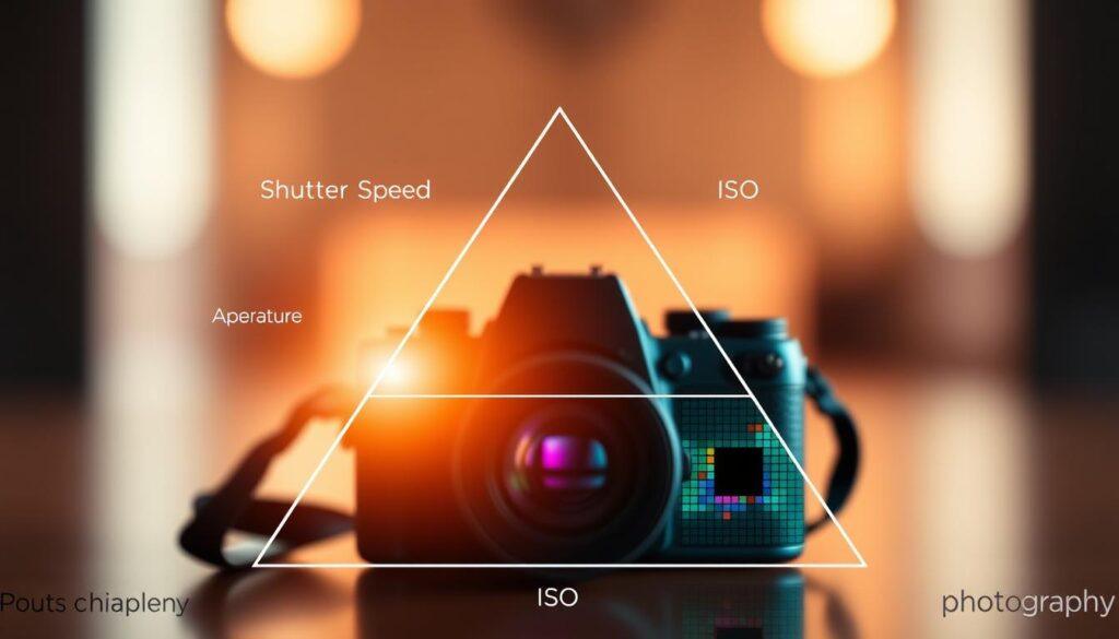 An intricate Exposure Triangle Diagram showcasing Shutter Speed, Aperture, and ISO, designed for a photography article. In the foreground, three distinct triangular sections illustrate each element of the triangle: Shutter Speed represented with dynamic motion lines suggesting fast action, Aperture depicted with a gradient of light showcasing depth of field, and ISO illustrated by varying colorful pixel grids reflecting sensitivity. The middle ground features a blurred, minimalist camera silhouette in a professional setting, emphasizing the theme of photography. The background is softly lit with a bokeh effect, creating a vibrant yet focused atmosphere. Use a high-contrast color palette to draw attention to the triangle and ensure clarity. No text or annotations; pure illustrative focus.