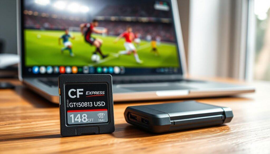 A CFexpress card and a sleek portable SSD positioned prominently on a wooden table, exemplifying a sports photography workflow. The CFexpress card is detailed, showing its intricate design, while the SSD features a modern, rugged exterior, demonstrating its durability. In the background, blurred images of a sports event on a laptop screen echo the adrenaline of live action, hinting at culling and tagging in progress. Natural lighting floods the scene from a nearby window, creating soft shadows that enhance the textures of the equipment. A shallow depth of field draws attention to the CFexpress card and SSD, capturing the mood of efficiency and professionalism in on-field photography. This composition conveys a sense of urgency and dedication to capturing the perfect shot.