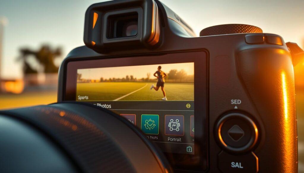 A close-up of a digital camera's quick menu displaying customizable presets on its LCD screen, set against a blurred background of an outdoor sports field during golden hour. In the foreground, the camera captures icons representing different shooting modes: 'Sports', 'Team Photos', and 'Portrait', clearly visible with vibrant colors. Glistening sunlight casts soft shadows, enhancing the sleek design of the camera. The middle ground includes a faint silhouette of athletes in dynamic motion, symbolizing sports photography. A sense of urgency and focus permeates the atmosphere, showcasing the camera's versatility for quick adjustments. The shot is captured from a low angle, emphasizing the camera while giving a slight depth of field for an artistic touch. A close-up of a digital camera's quick menu displaying customizable presets on its LCD screen, set against a blurred background of an outdoor sports field during golden hour. In the foreground, the camera captures icons representing different shooting modes: 'Sports', 'Team Photos', and 'Portrait', clearly visible with vibrant colors. Glistening sunlight casts soft shadows, enhancing the sleek design of the camera. The middle ground includes a faint silhouette of athletes in dynamic motion, symbolizing sports photography. A sense of urgency and focus permeates the atmosphere, showcasing the camera's versatility for quick adjustments. The shot is captured from a low angle, emphasizing the camera while giving a slight depth of field for an artistic touch.