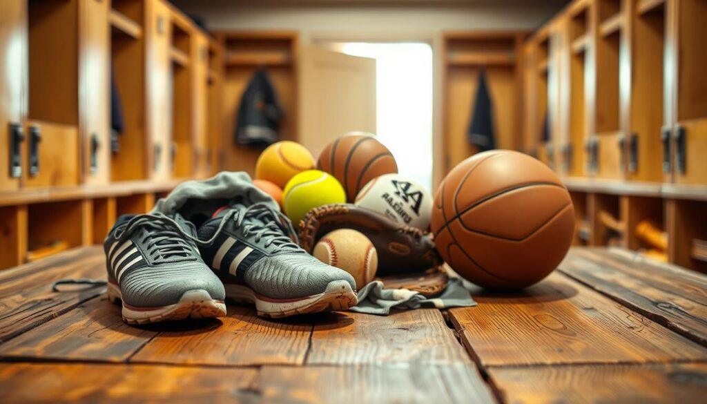 A collection of used sports gear showcased on a rustic wooden table. In the foreground, include a pair of worn soccer cleats with scuffed soles and a faded team jersey draped casually next to them. In the middle, arrange a few assorted tennis balls, a baseball glove, and a well-loved basketball, all slightly weathered but still in good condition. The background should feature a softly blurred sports locker room, with warm, natural lighting filtering through an open door, creating an inviting atmosphere. The scene conveys a sense of practicality and affordability, inspiring parents and team managers to explore smart used or rental options. Capture the image from a slightly elevated angle to highlight the details, enhancing the overall feeling of community and resourcefulness in youth sports. A collection of used sports gear showcased on a rustic wooden table. In the foreground, include a pair of worn soccer cleats with scuffed soles and a faded team jersey draped casually next to them. In the middle, arrange a few assorted tennis balls, a baseball glove, and a well-loved basketball, all slightly weathered but still in good condition. The background should feature a softly blurred sports locker room, with warm, natural lighting filtering through an open door, creating an inviting atmosphere. The scene conveys a sense of practicality and affordability, inspiring parents and team managers to explore smart used or rental options. Capture the image from a slightly elevated angle to highlight the details, enhancing the overall feeling of community and resourcefulness in youth sports.