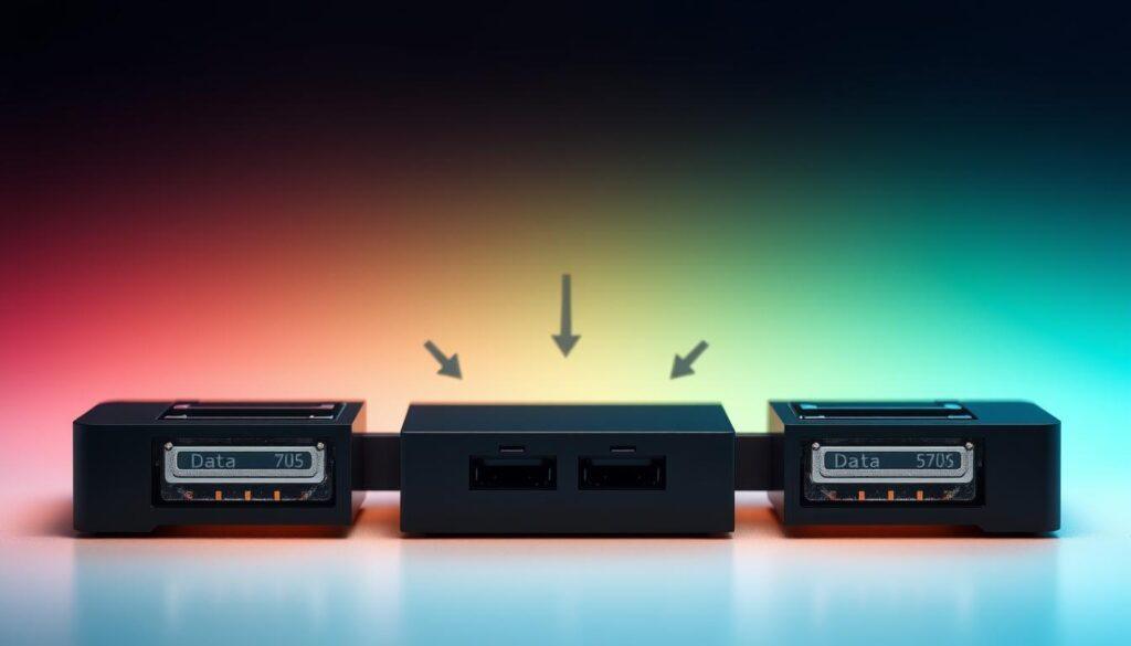 A detailed dual slots redundancy diagram, focusing on a sleek, modern design that visually represents the concept of data backup and security. In the foreground, two memory card slots are illustrated, each labeled clearly and visually distinct, showcasing the integration with a digital camera. The middle layer features arrows indicating data flow and redundancy pathways, symbolizing dual-slot functionality. The background presents a gradient that transitions from a deep blue to a vibrant green, reflecting technological innovation. Soft, diffused lighting enhances clarity and focus on the slots, while a high-angle view captures the essence of a technical environment. The overall atmosphere conveys reliability and sophistication, emphasizing an advanced memory card strategy. The image should be free from any text or logos.