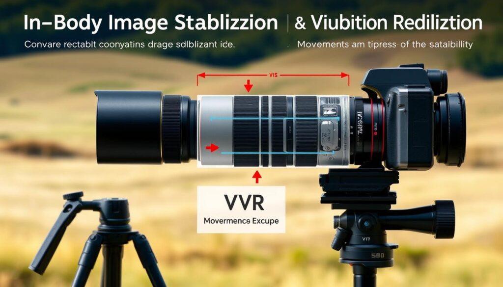 A detailed illustration of an image stabilization diagram, visually explaining the concepts of In-Body Image Stabilization (IBIS) and Vibration Reduction (VR) within a photographic context. In the foreground, prominently feature a long camera lens mounted on a tripod, highlighting its intricate components. In the middle ground, depict a stylized graphic representation of stabilization mechanisms, with arrows showing the movement compensations of IBIS and VR technologies. In the background, a soft-focused landscape emphasizing motion blur to illustrate the effects of stability tools. Use natural lighting to enhance clarity and depth, creating a professional and educational atmosphere. The color palette should be muted and technical, avoiding bright distractions, ensuring the focus remains on the stabilization features. No text or branding visible. A detailed illustration of an image stabilization diagram, visually explaining the concepts of In-Body Image Stabilization (IBIS) and Vibration Reduction (VR) within a photographic context. In the foreground, prominently feature a long camera lens mounted on a tripod, highlighting its intricate components. In the middle ground, depict a stylized graphic representation of stabilization mechanisms, with arrows showing the movement compensations of IBIS and VR technologies. In the background, a soft-focused landscape emphasizing motion blur to illustrate the effects of stability tools. Use natural lighting to enhance clarity and depth, creating a professional and educational atmosphere. The color palette should be muted and technical, avoiding bright distractions, ensuring the focus remains on the stabilization features. No text or branding visible.