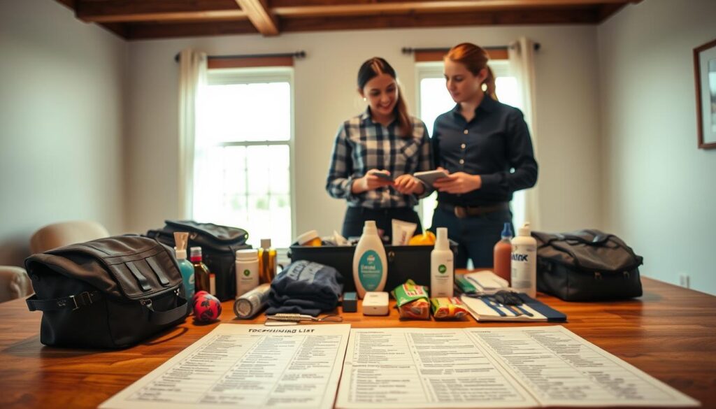 A detailed packing list for a tournament weekend, displayed on a wooden table in the foreground. The list includes essential items like equipment, clothing, snacks, and personal care products, neatly organized in various stylish containers. In the middle ground, there are two professional individuals in modest casual clothing, discussing and reviewing the packing items, showcasing collaboration and preparation. The background features a softly lit room, with a window letting in natural light, illuminating the scene and creating a warm, inviting atmosphere. The camera angle is slightly above eye level, capturing both the table’s details and the engaged expressions on the individuals’ faces, reflecting a sense of readiness and meticulous planning for the upcoming tournament.