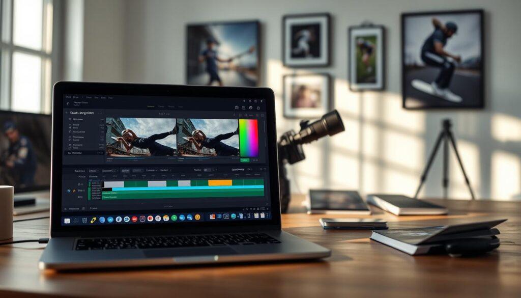 A digital workspace showcasing a side-by-side comparison of edited latitude RAW files against their JPEG counterparts. In the foreground, a laptop screen displaying a vibrant, high-resolution image editing software interface, highlighting detailed color adjustment sliders and sharpening tools. The middle ground features a neatly arranged workspace with a professional camera, color calibration chart, and printed photographs showcasing the differences in color profiles. The background contains soft-focus elements such as a well-lit wall adorned with framed sports photography, casting natural light that enhances the mood of creativity and professionalism. The overall atmosphere is one of focused productivity, illustrating the nuances and benefits of RAW editing techniques.