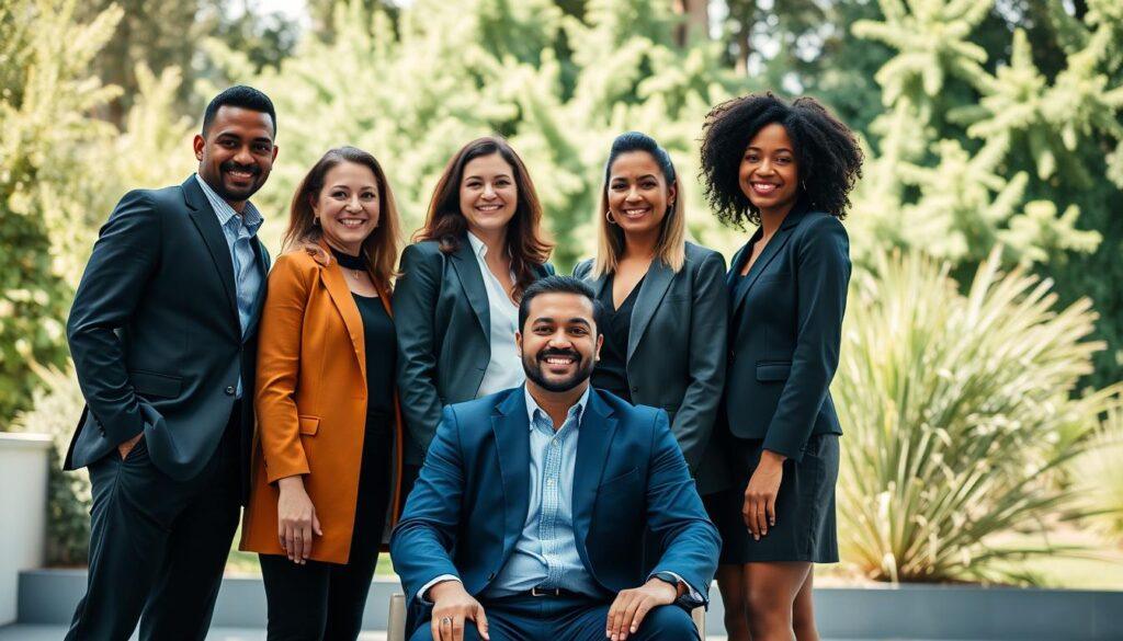 A diverse team of five professionals, dressed in smart casual attire, poses confidently in a bright, airy outdoor setting. They stand in a dynamic arrangement, creating natural triangular spacing, with one member seated and the others standing around, showcasing their camaraderie. Soft, continuous lighting illuminates their faces, casting gentle shadows that highlight their expressions of enthusiasm and teamwork. In the background, lush greenery provides a serene contrast, while the focus remains on the team. The shot is taken from a slightly low angle, adding a sense of empowerment to the composition. The overall atmosphere is warm and inviting, reflecting collaboration and positivity in a successful team dynamic.