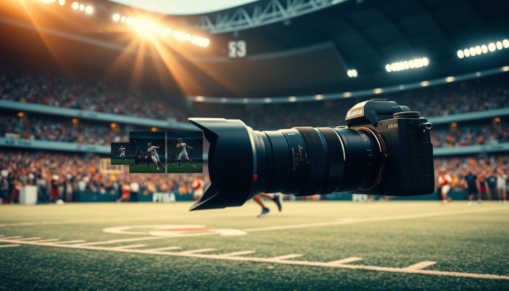 A dynamic composition showcasing the evolution of mirrorless autofocus tracking technology in a sports photography context. In the foreground, capture a sleek mirrorless camera with a zoom lens focused on an athlete mid-action, displaying fast-paced movement. The middle ground features a series of images depicting various autofocus target acquisition modes in rapid succession, highlighting their progression over time. In the background, a vibrant sports field filled with fans and dynamic lighting that simulates a golden hour atmosphere, enhancing the feelings of excitement and energy. The overall mood should reflect innovation and precision, emphasizing the cutting-edge nature of mirrorless technology in capturing local sports events. Ensure clarity and focus without any text or markings.