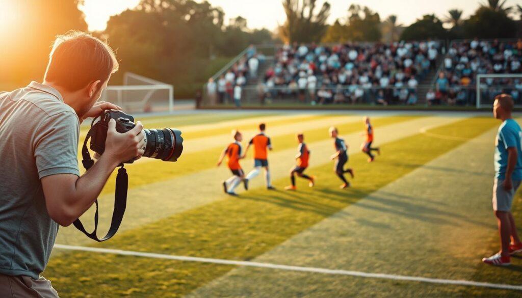 A dynamic scene showcasing a hybrid workflow in sports photography, emphasizing speed and efficiency. In the foreground, a photographer captures youth soccer players in action, using a high-end camera with a zoom lens. The photographer, dressed in a casual shirt and shorts, focuses intently on the game. In the middle ground, we see energetic young athletes in vibrant uniforms, displaying a range of motion during an exciting play, highlighting teamwork and athleticism. The background features a sunlit soccer field filled with eager parents and spectators. Soft, golden hour lighting enhances the scene, creating an atmosphere of warmth and anticipation. The overall mood conveys a sense of quick response and readiness, embodying the essence of hybrid workflows in sports photography.