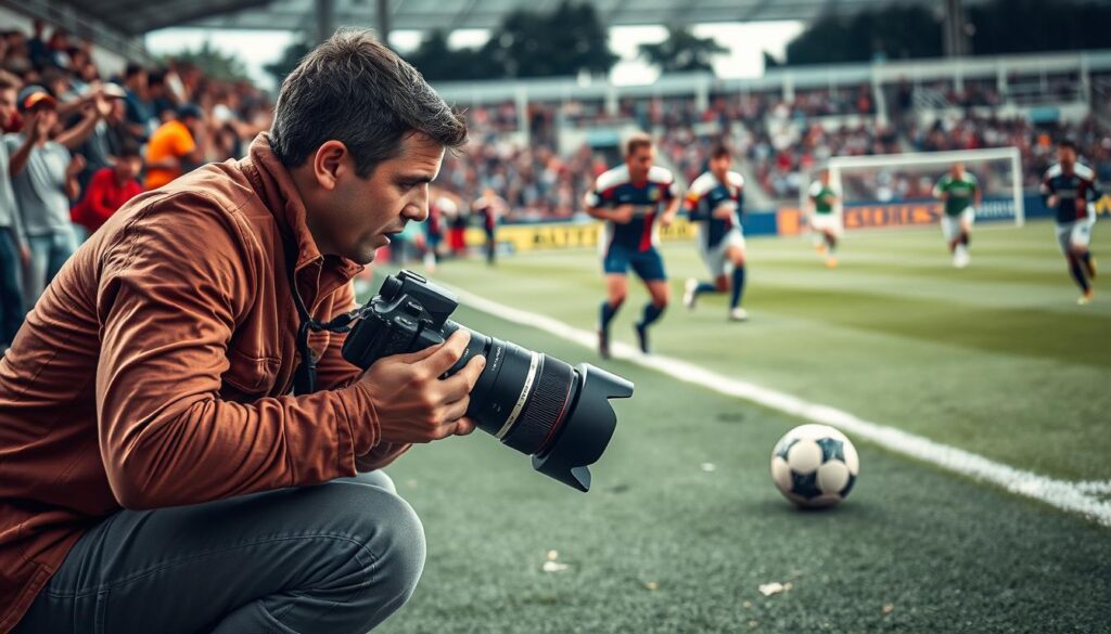 A dynamic sports photography scene capturing a professional photographer at a local sports event, focused on a soccer game in action. In the foreground, the photographer, dressed in a modest casual outfit, is crouching with a mirrorless camera, a long telephoto lens in hand, displaying precise control and focus. The middle ground features athletes in motion, showcasing intense gameplay, with expressive faces and dynamic stances. The background includes cheering spectators in blurred motion, adding depth to the scene. The lighting is natural, highlighting the vibrant colors of the players' uniforms and the green field. The atmosphere is energetic and engaging, emphasizing the excitement of local sports photography. The image evokes a sense of professionalism and dedication, specifically reflecting the importance of battery life and weather considerations in sports photography. A dynamic sports photography scene capturing a professional photographer at a local sports event, focused on a soccer game in action. In the foreground, the photographer, dressed in a modest casual outfit, is crouching with a mirrorless camera, a long telephoto lens in hand, displaying precise control and focus. The middle ground features athletes in motion, showcasing intense gameplay, with expressive faces and dynamic stances. The background includes cheering spectators in blurred motion, adding depth to the scene. The lighting is natural, highlighting the vibrant colors of the players' uniforms and the green field. The atmosphere is energetic and engaging, emphasizing the excitement of local sports photography. The image evokes a sense of professionalism and dedication, specifically reflecting the importance of battery life and weather considerations in sports photography.