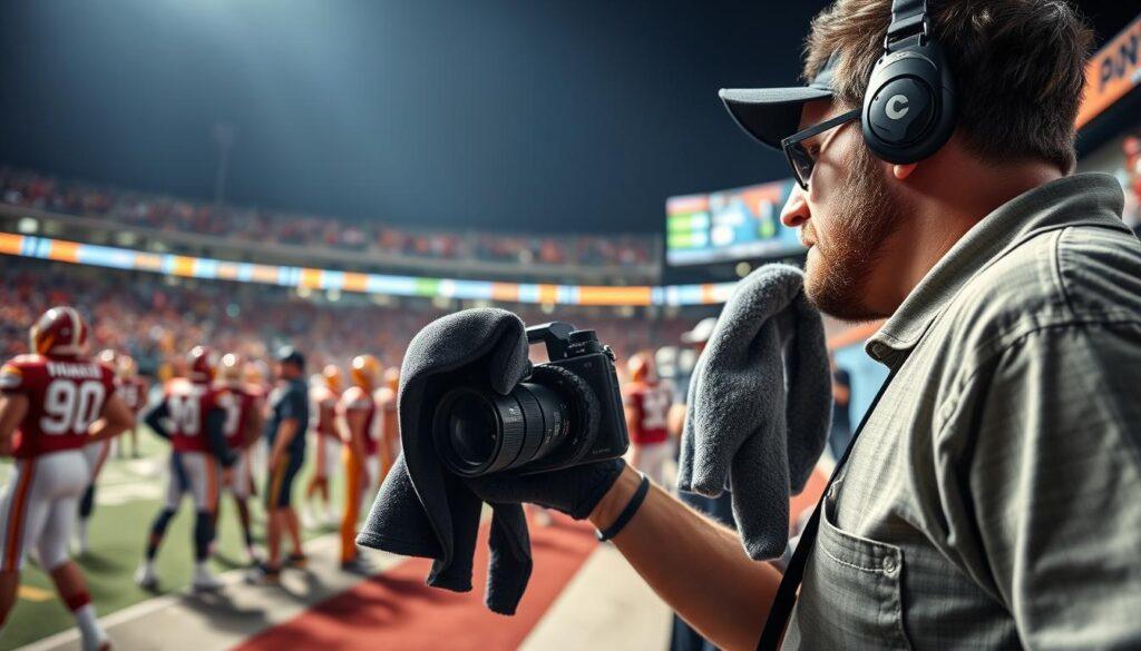 A lively sidelines scene featuring a professional photographer capturing a game day event, with a focus on the towel/glove workflow. In the foreground, the photographer, wearing modest casual clothing, is holding a towel and a glove in one hand, ready to wipe down their camera. The middle ground showcases the vibrant atmosphere of the game, with players in colorful uniforms and an enthusiastic crowd in the background. The lighting is bright and dynamic, emphasizing the action and excitement of the moment. The composition is shot from a low angle, highlighting the photographer's perspective while capturing the intensity of the game. The overall mood is energetic and focused, showcasing the importance of weatherproofing equipment during unpredictable conditions. A lively sidelines scene featuring a professional photographer capturing a game day event, with a focus on the towel/glove workflow. In the foreground, the photographer, wearing modest casual clothing, is holding a towel and a glove in one hand, ready to wipe down their camera. The middle ground showcases the vibrant atmosphere of the game, with players in colorful uniforms and an enthusiastic crowd in the background. The lighting is bright and dynamic, emphasizing the action and excitement of the moment. The composition is shot from a low angle, highlighting the photographer's perspective while capturing the intensity of the game. The overall mood is energetic and focused, showcasing the importance of weatherproofing equipment during unpredictable conditions.